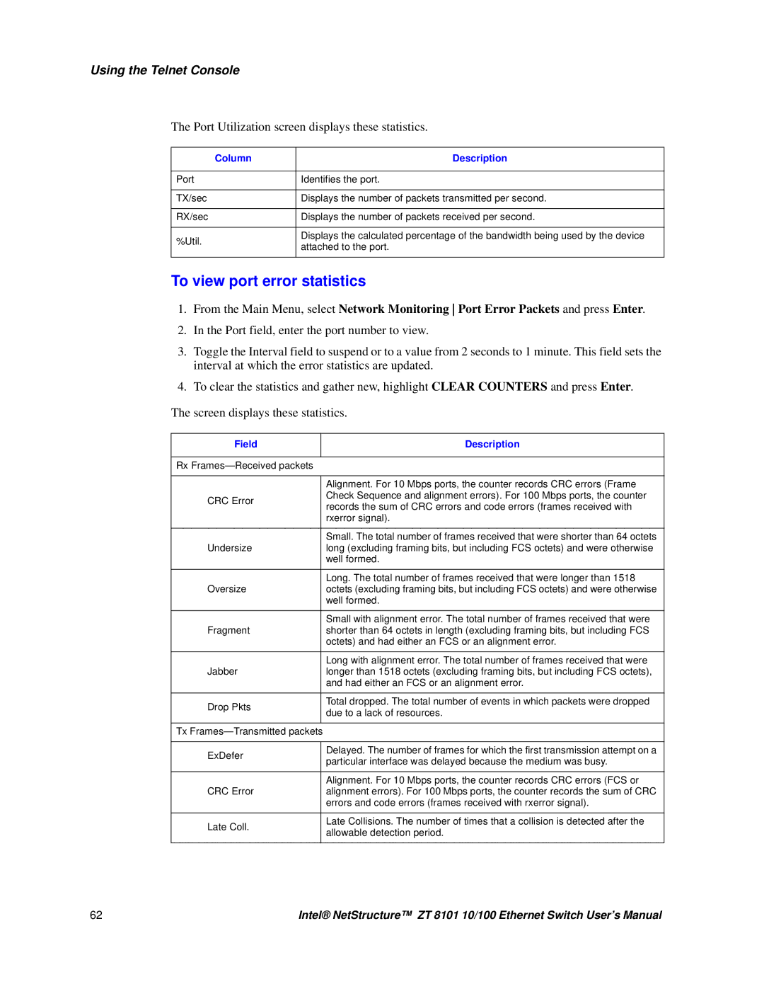 Intel ZT 8101 10/100 To view port error statistics, Port Utilization screen displays these statistics, Column Description 