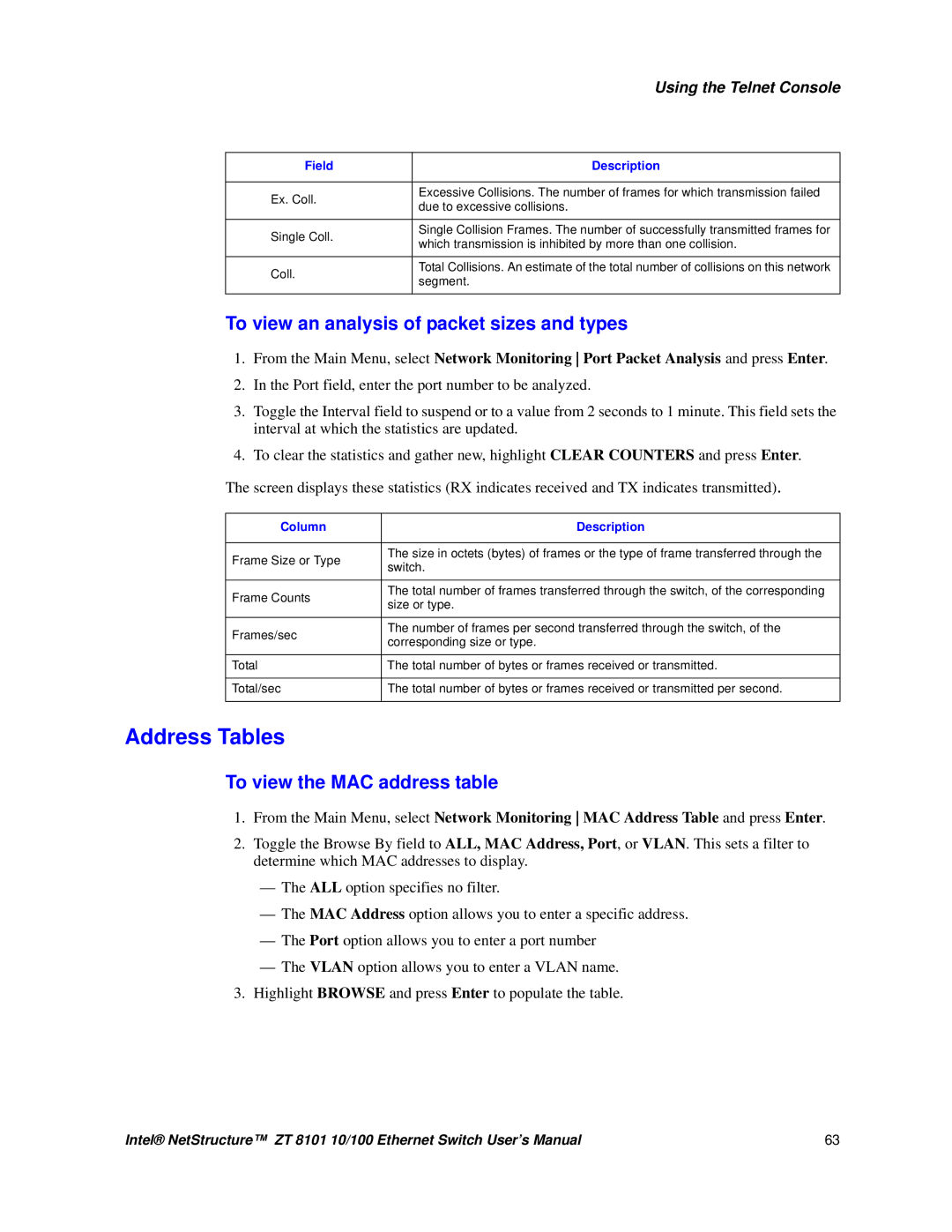 Intel ZT 8101 10/100 Address Tables, To view an analysis of packet sizes and types, To view the MAC address table 