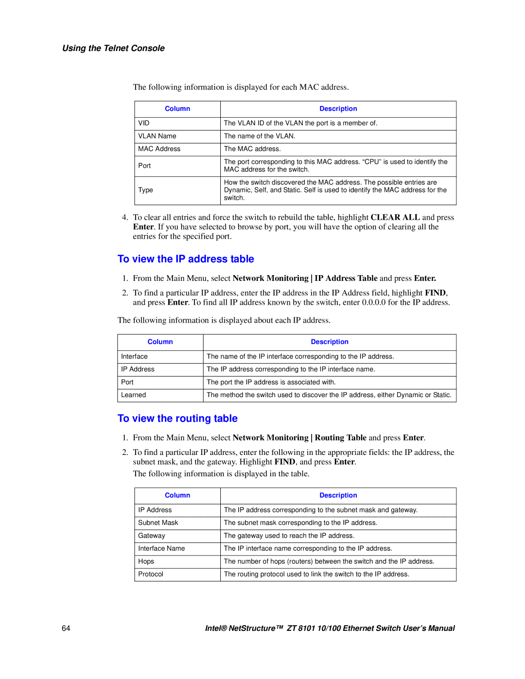 Intel ZT 8101 10/100 user manual To view the IP address table, To view the routing table 