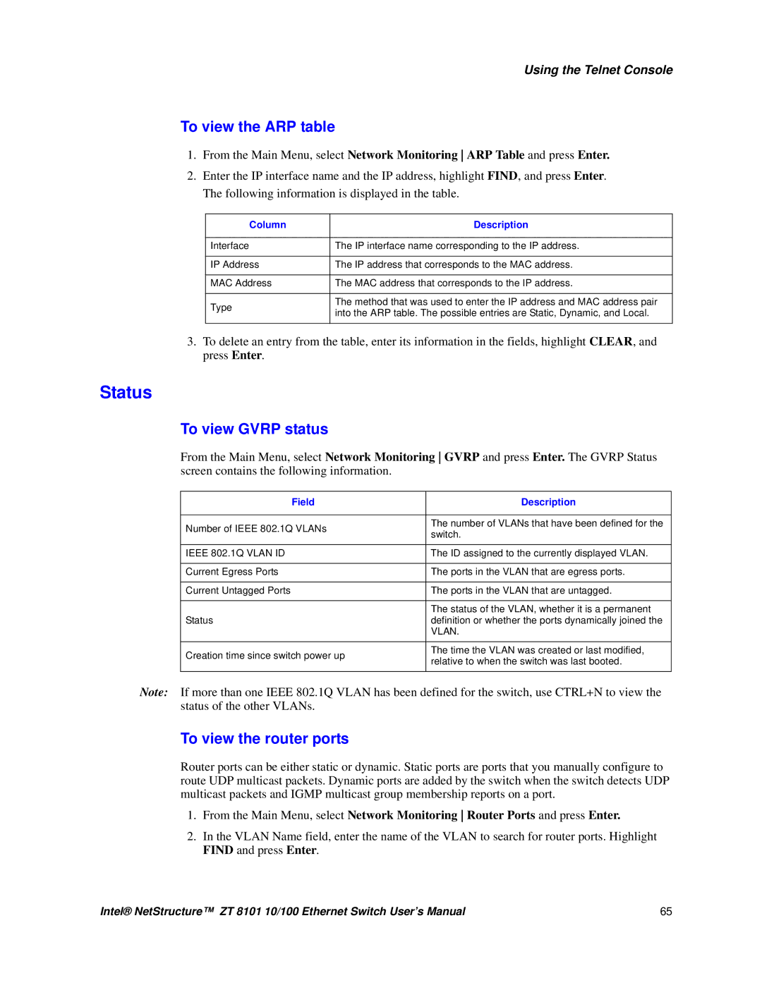 Intel ZT 8101 10/100 user manual Status, To view the ARP table, To view Gvrp status, To view the router ports 