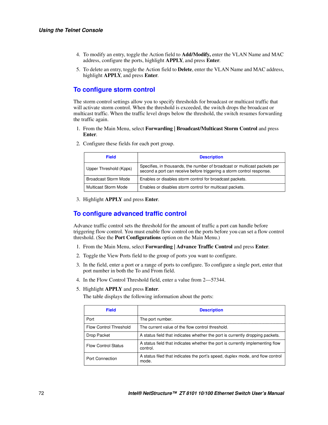 Intel ZT 8101 10/100 user manual To configure storm control, To configure advanced traffic control 