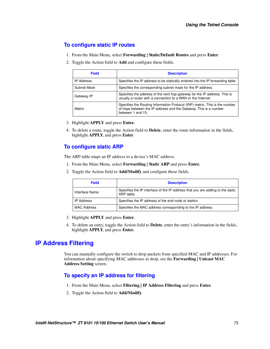 Intel ZT 8101 10/100 user manual IP Address Filtering, To configure static IP routes, To configure static ARP 