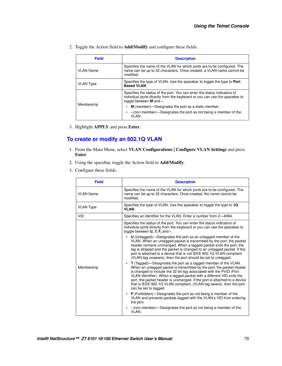 Intel ZT 8101 10/100 user manual To create or modify an 802.1Q Vlan, Based Vlan 