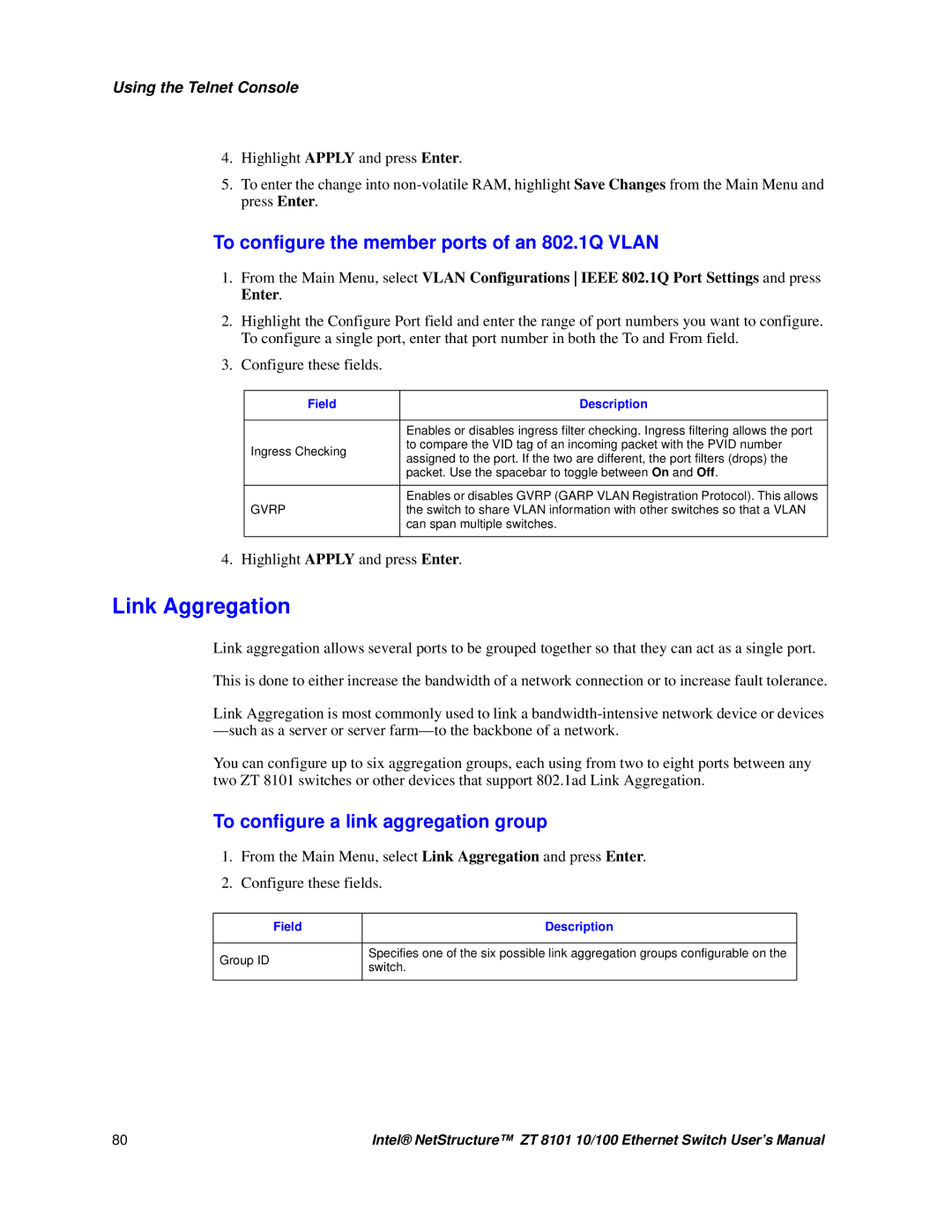 Intel ZT 8101 10/100 Link Aggregation, To configure the member ports of an 802.1Q Vlan, Field Description Group ID, Switch 