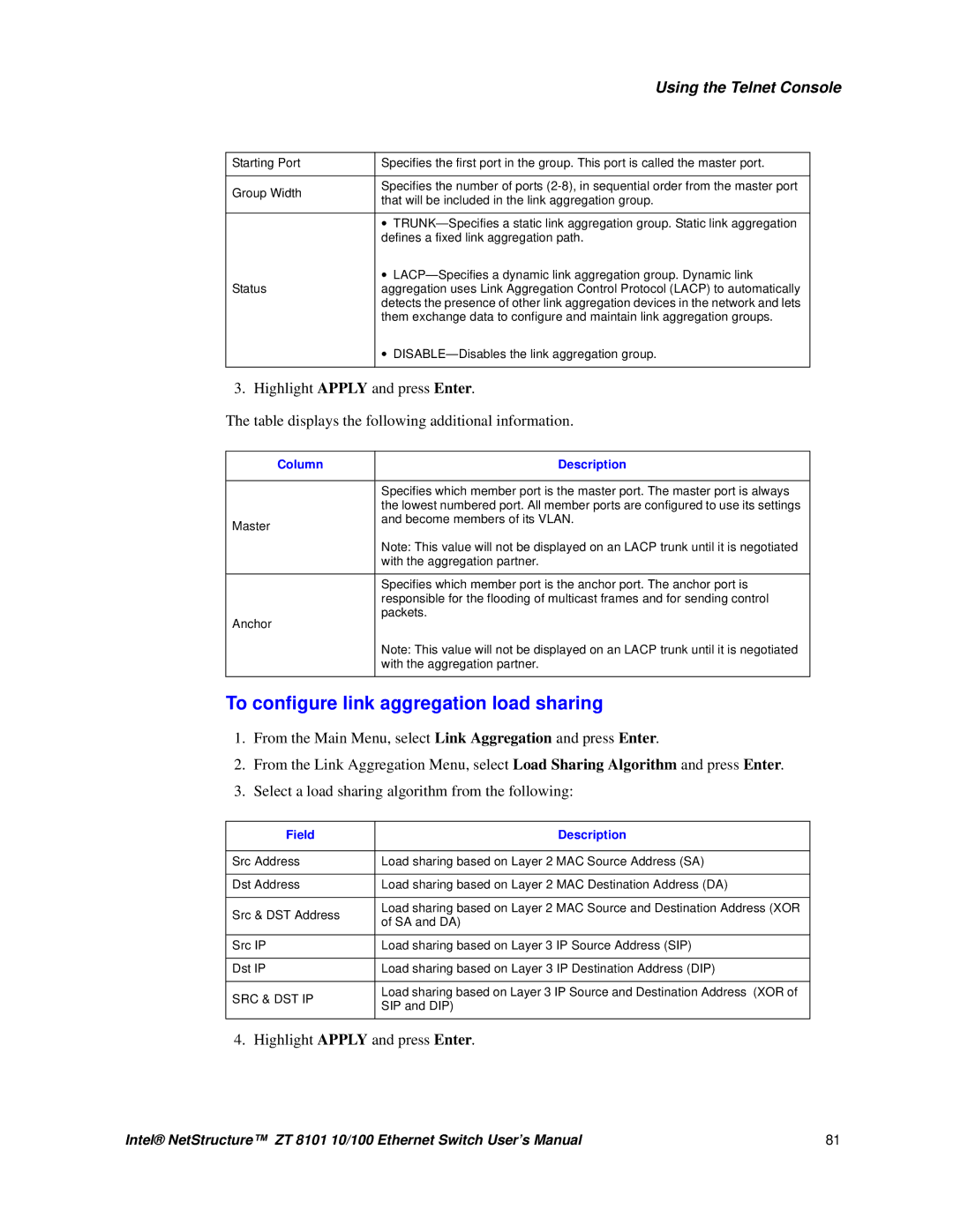 Intel ZT 8101 10/100 user manual To configure link aggregation load sharing, Column Description 