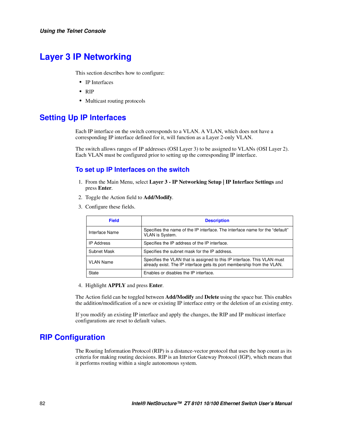 Intel ZT 8101 10/100 user manual Layer 3 IP Networking, Setting Up IP Interfaces, RIP Configuration 