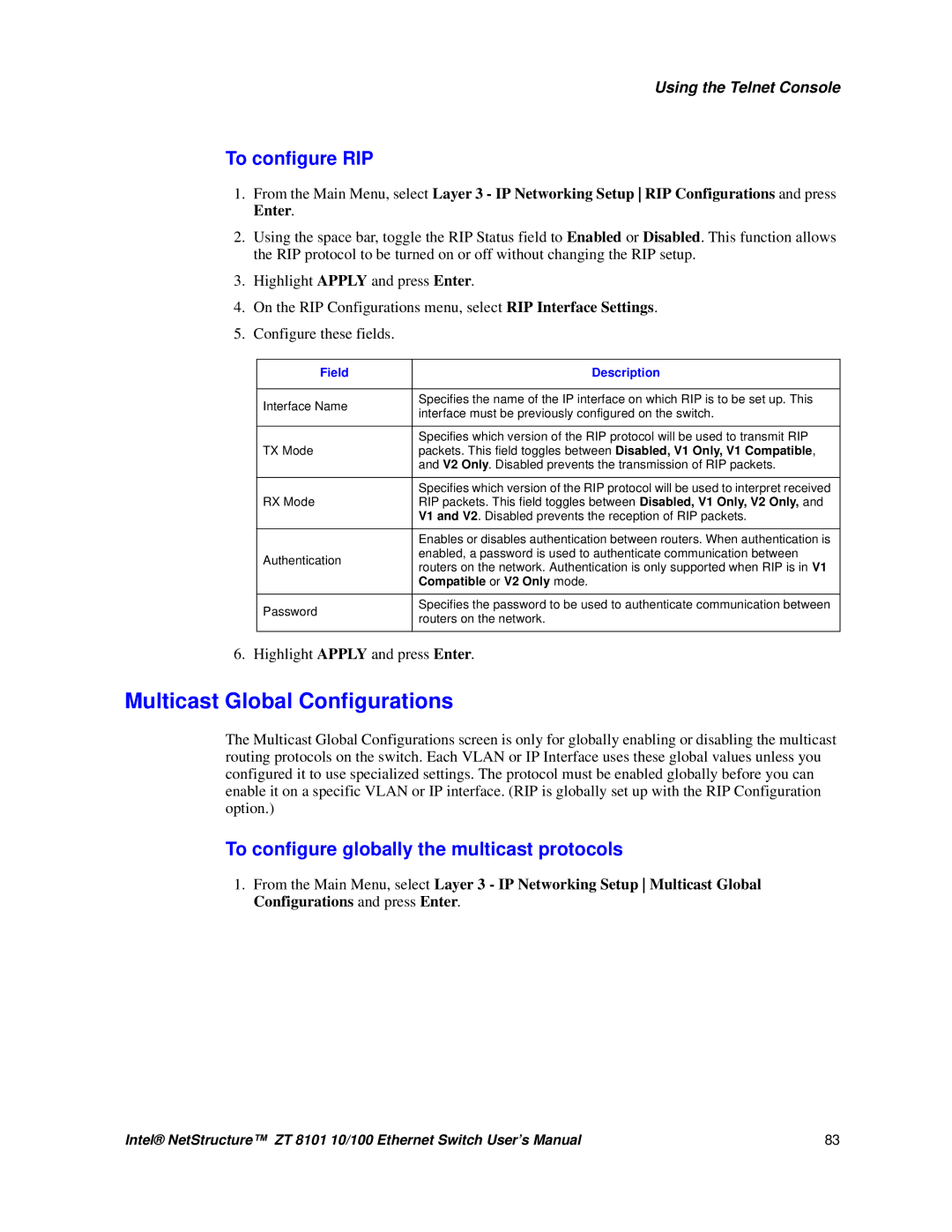 Intel ZT 8101 10/100 Multicast Global Configurations, To configure RIP, To configure globally the multicast protocols 