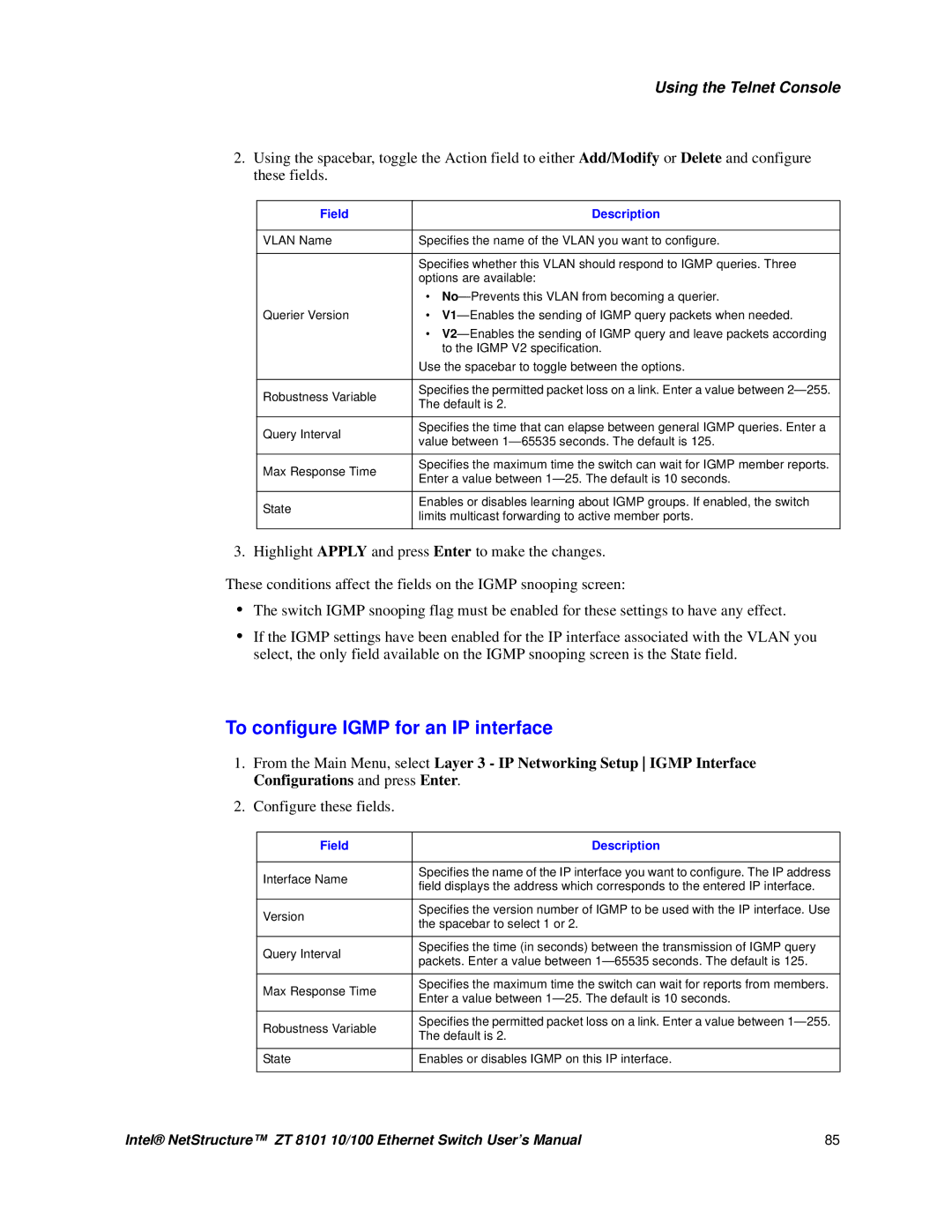 Intel ZT 8101 10/100 user manual To configure Igmp for an IP interface 