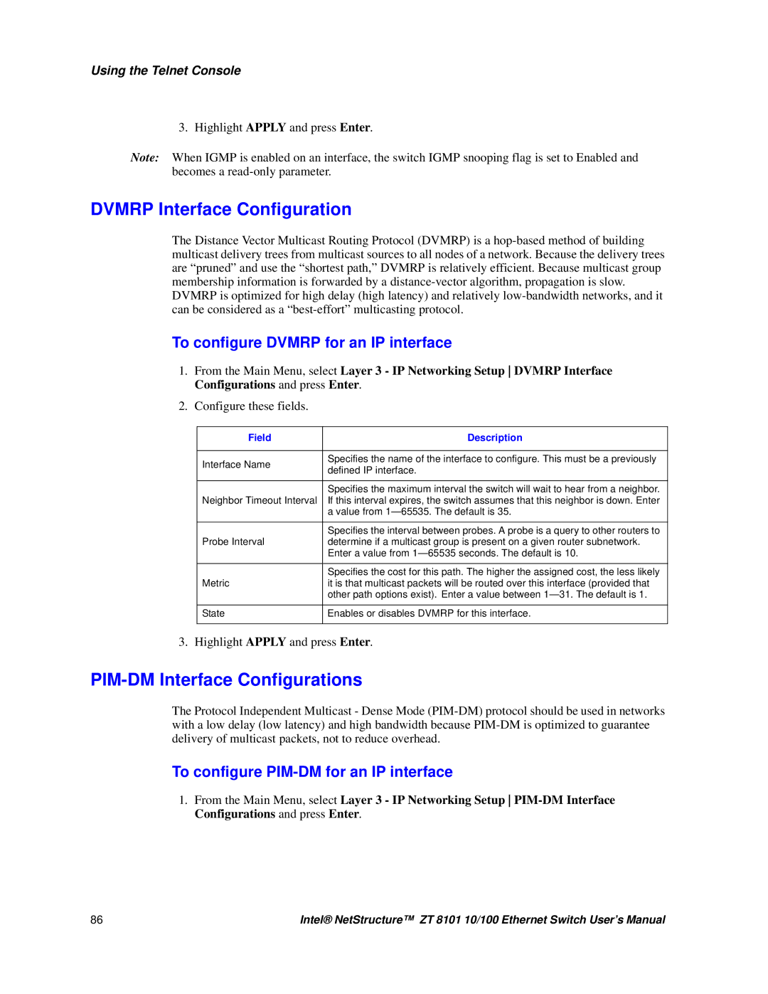 Intel ZT 8101 10/100 user manual Dvmrp Interface Configuration, PIM-DM Interface Configurations 