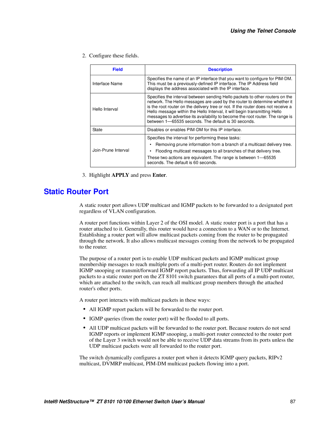 Intel ZT 8101 10/100 user manual Static Router Port 