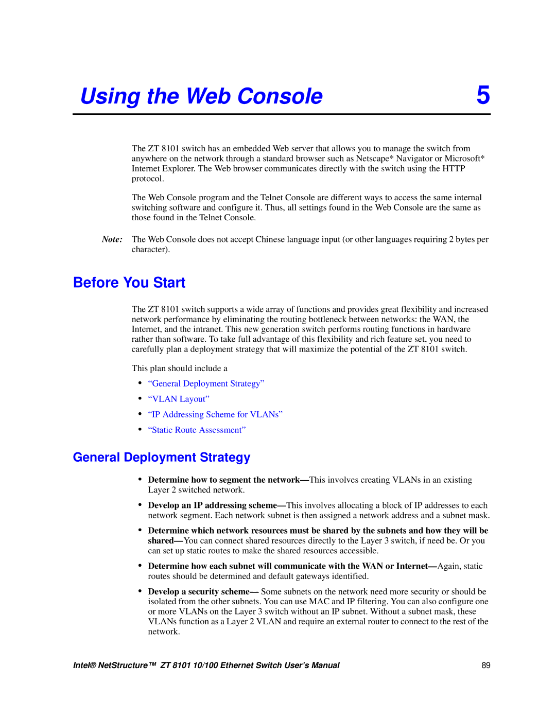 Intel ZT 8101 10/100 user manual Using the Web Console 