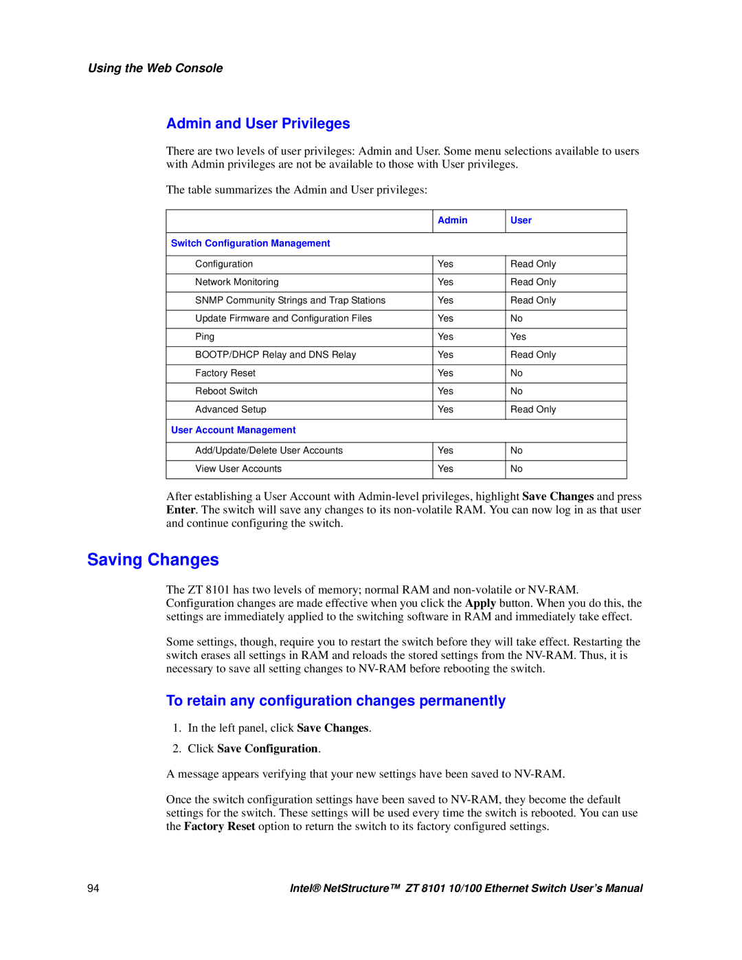 Intel ZT 8101 10/100 user manual To retain any configuration changes permanently, Left panel, click Save Changes 