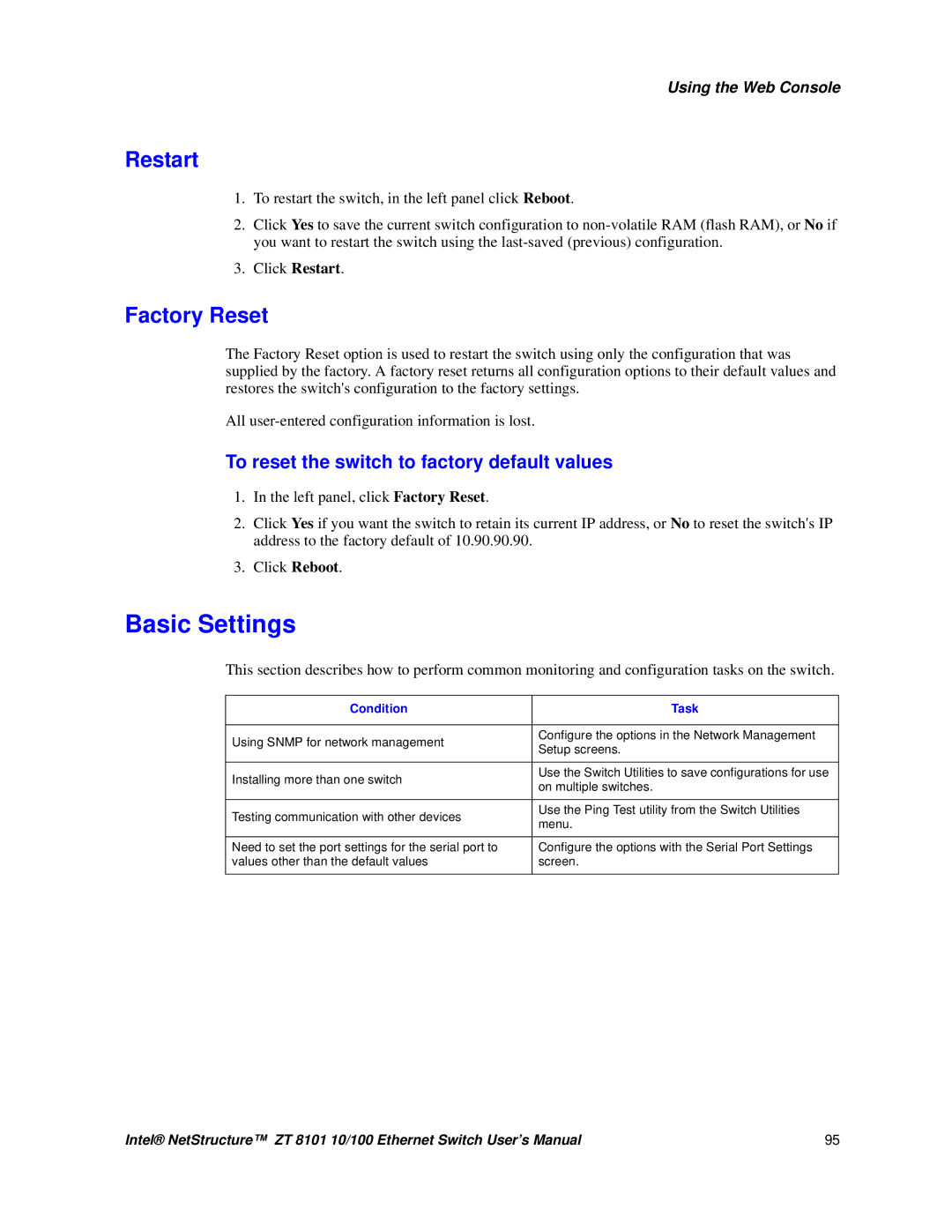 Intel ZT 8101 10/100 user manual Restart, Factory Reset, To reset the switch to factory default values 