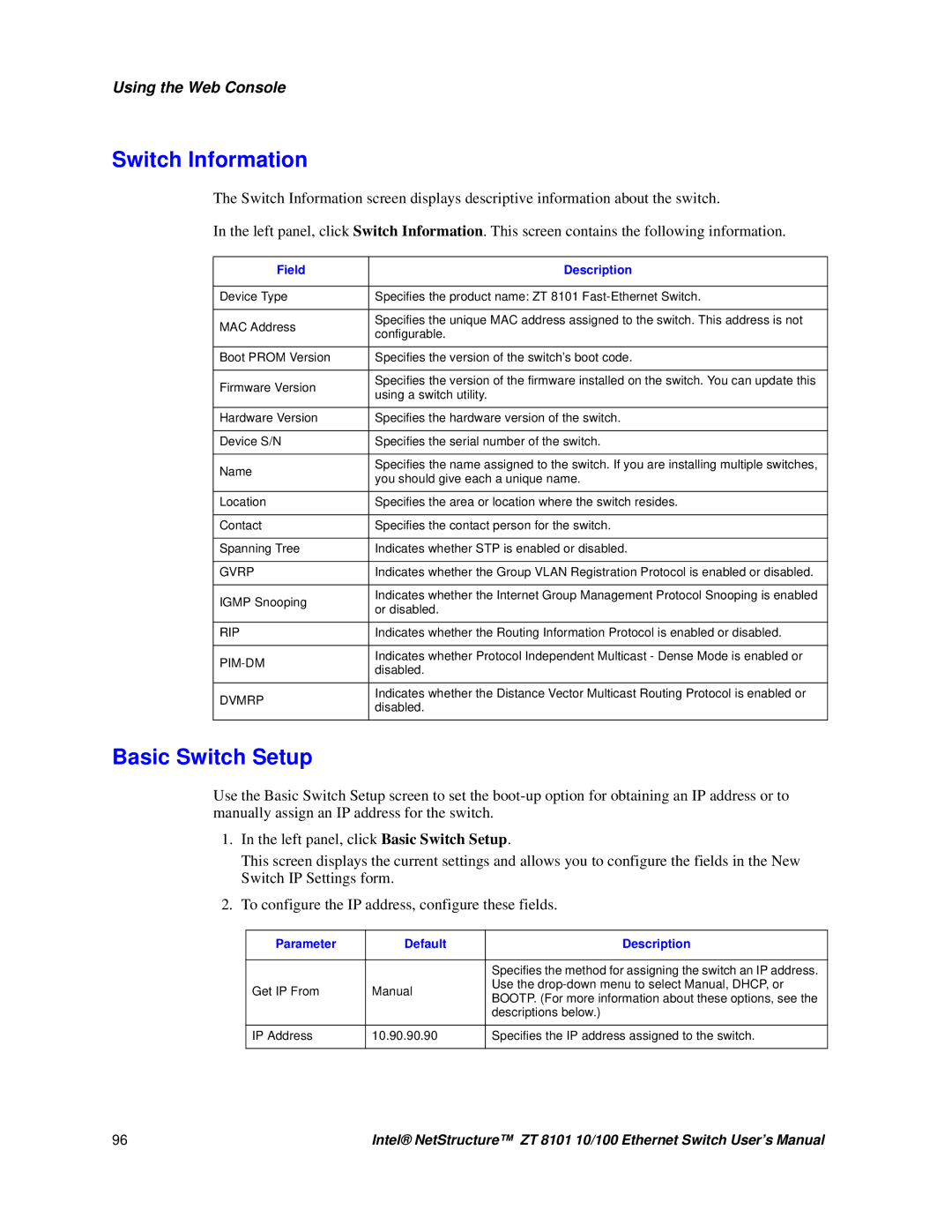 Intel ZT 8101 10/100 user manual Switch Information 