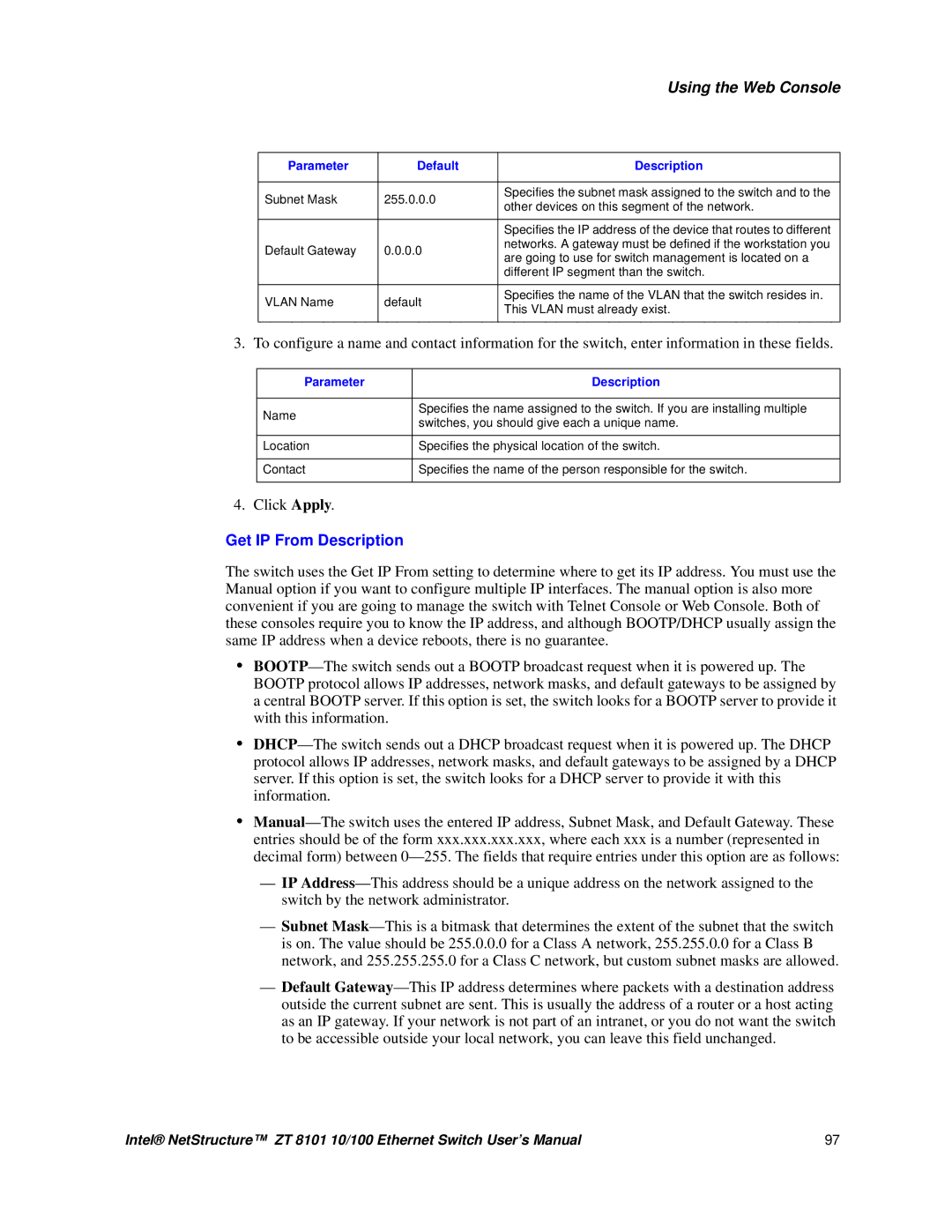 Intel ZT 8101 10/100 user manual Click Apply, Parameter Description 