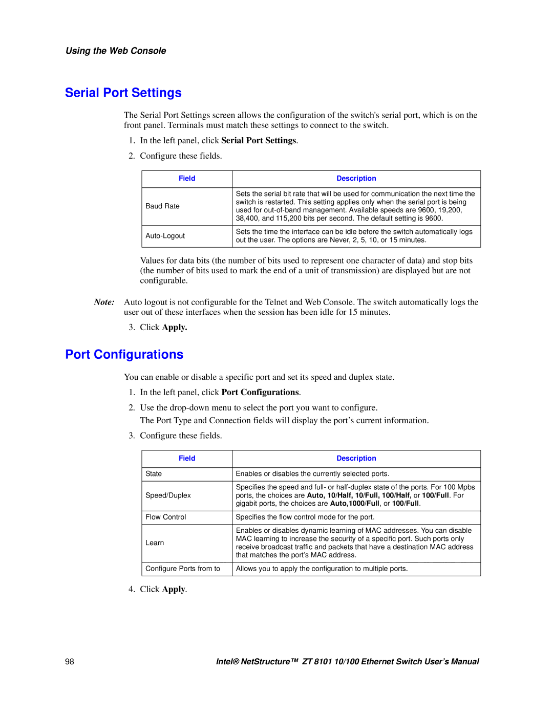 Intel ZT 8101 10/100 user manual Gigabit ports, the choices are Auto,1000/Full, or 100/Full 