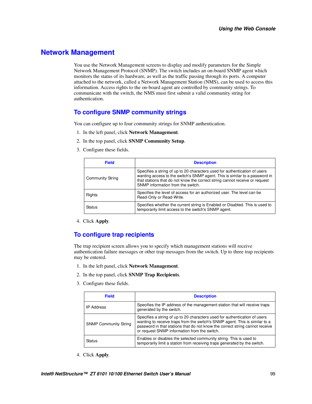 Intel ZT 8101 10/100 user manual Network Management, To configure Snmp community strings 