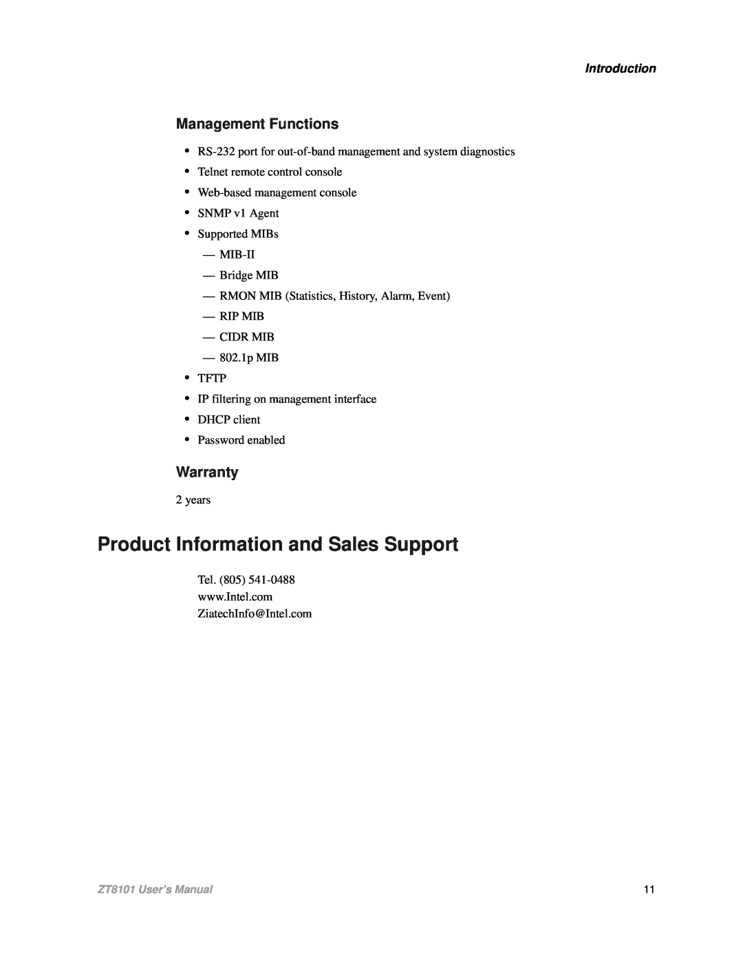 Intel ZT8101 user manual Product Information and Sales Support, Management Functions, Warranty, Introduction 