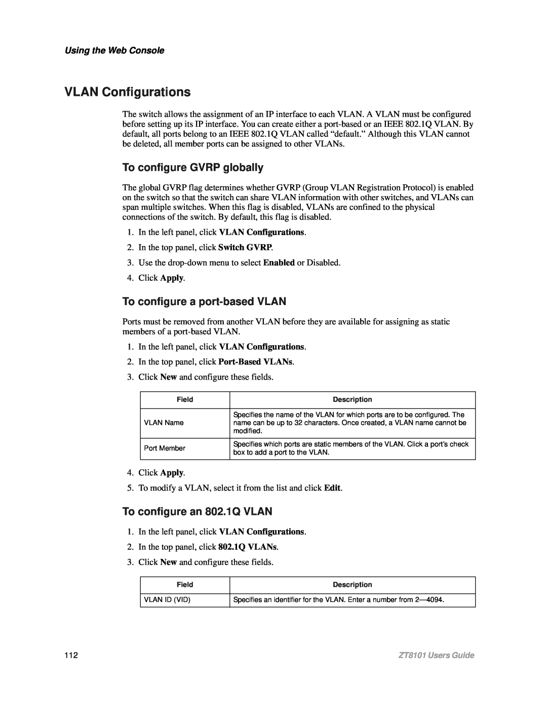 Intel ZT8101 VLAN Configurations, To configure a port-basedVLAN, To configure an 802.1Q VLAN, To configure GVRP globally 