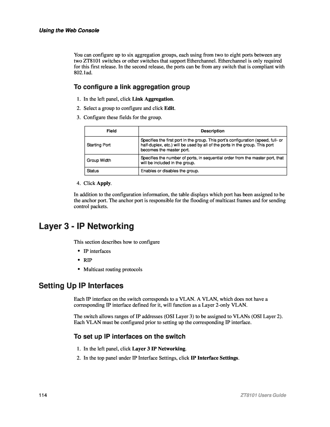 Intel ZT8101 user manual Layer 3 - IP Networking, To set up IP interfaces on the switch, Setting Up IP Interfaces 