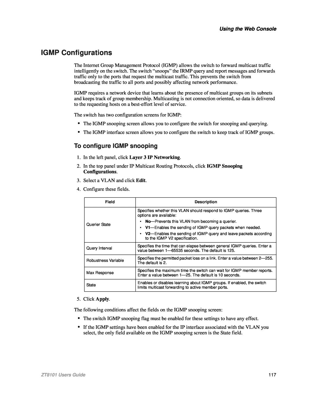Intel ZT8101 user manual IGMP Configurations, To configure IGMP snooping, Using the Web Console 