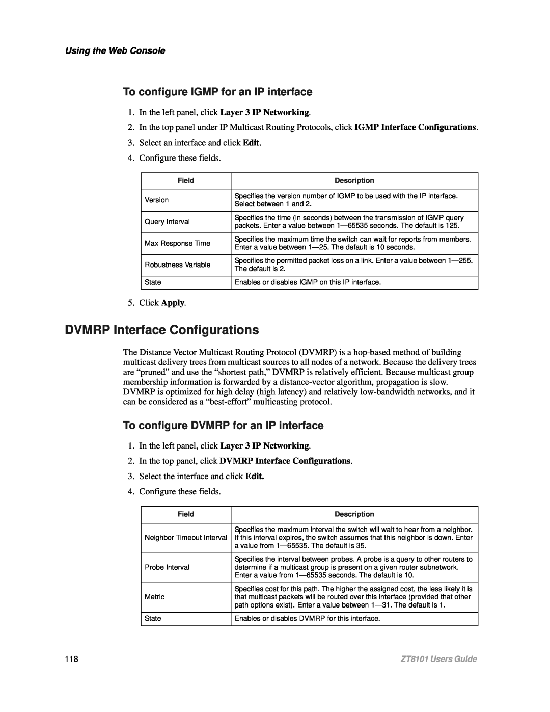 Intel ZT8101 DVMRP Interface Configurations, To configure IGMP for an IP interface, To configure DVMRP for an IP interface 