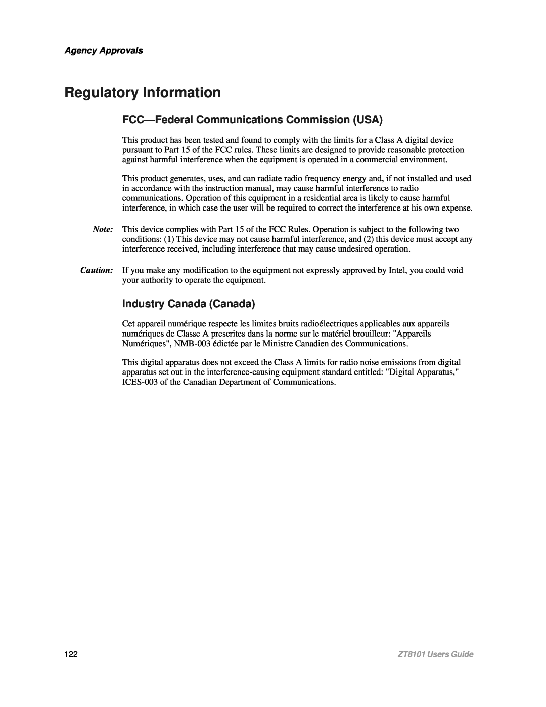 Intel ZT8101 Regulatory Information, FCC-FederalCommunications Commission USA, Industry Canada Canada, Agency Approvals 