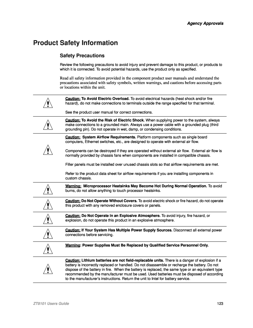 Intel user manual Product Safety Information, Safety Precautions, Agency Approvals, ZT8101 Users Guide 