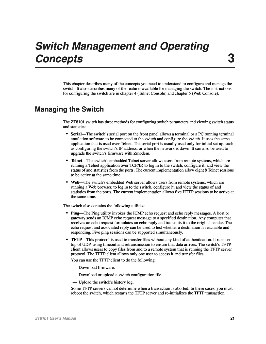 Intel ZT8101 user manual Switch Management and Operating, Concepts, Managing the Switch 