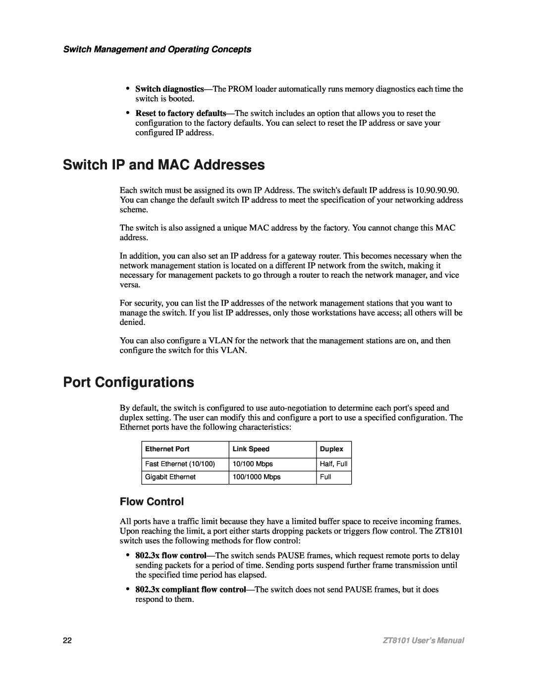 Intel ZT8101 Switch IP and MAC Addresses, Port Configurations, Flow Control, Switch Management and Operating Concepts 