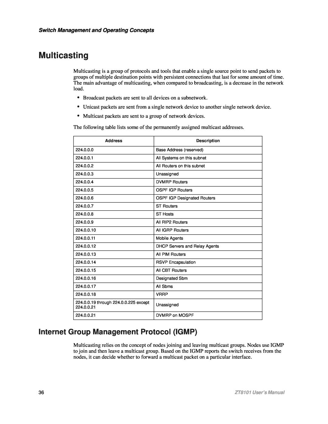 Intel ZT8101 user manual Multicasting, Internet Group Management Protocol IGMP, Switch Management and Operating Concepts 