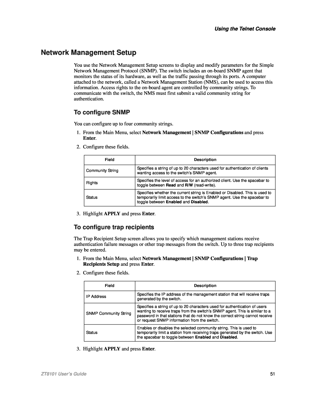 Intel ZT8101 Network Management Setup, To configure SNMP, To configure trap recipients, Using the Telnet Console 
