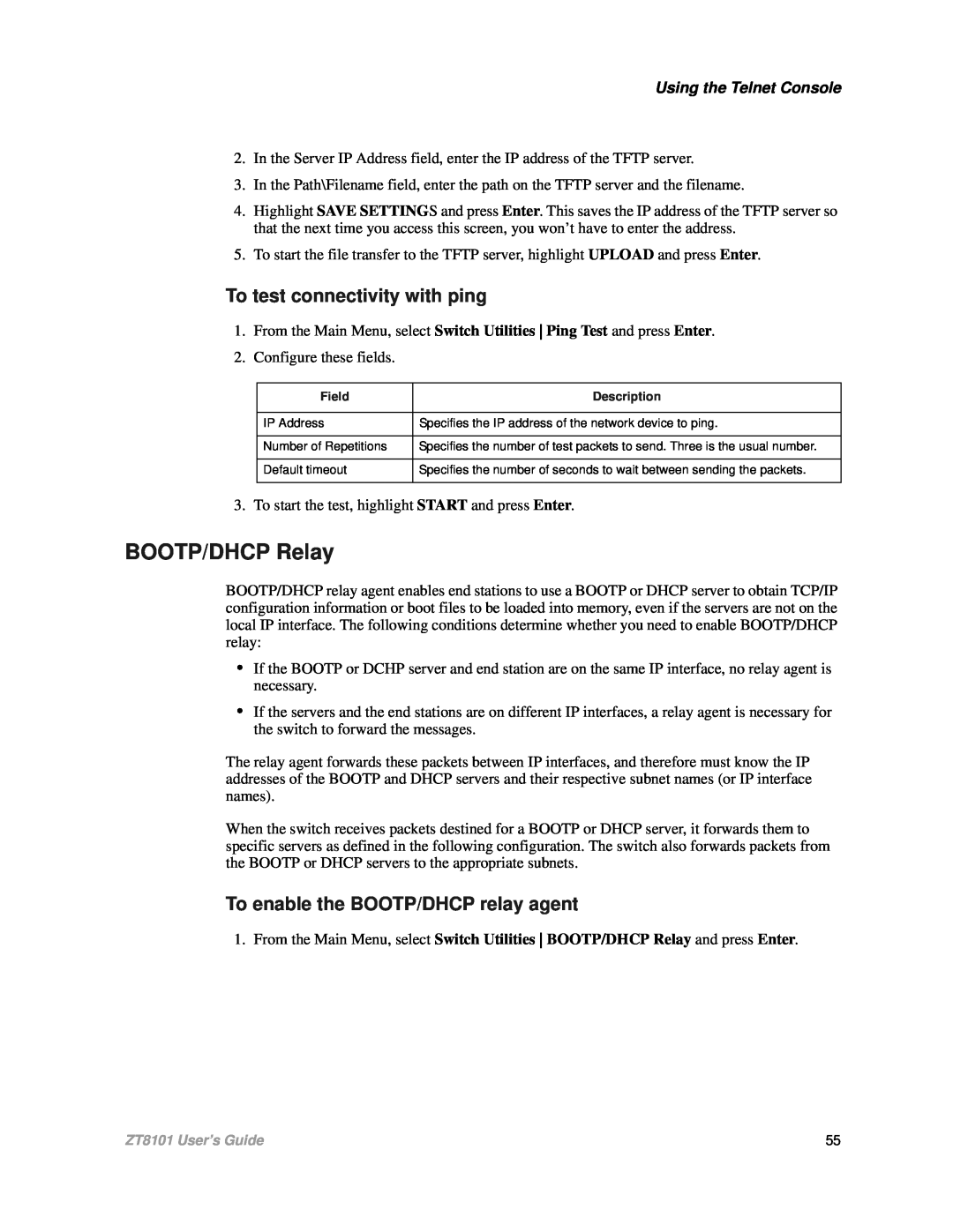 Intel ZT8101 user manual BOOTP/DHCP Relay, To test connectivity with ping, To enable the BOOTP/DHCP relay agent 