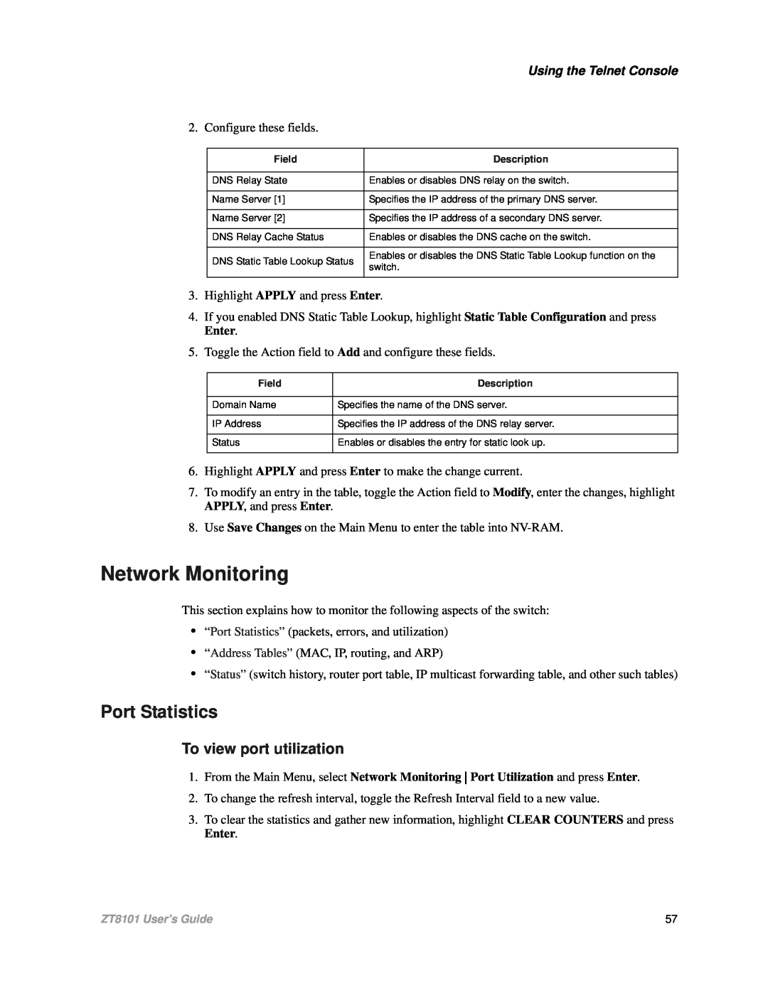 Intel ZT8101 user manual Network Monitoring, Port Statistics, To view port utilization, Using the Telnet Console 