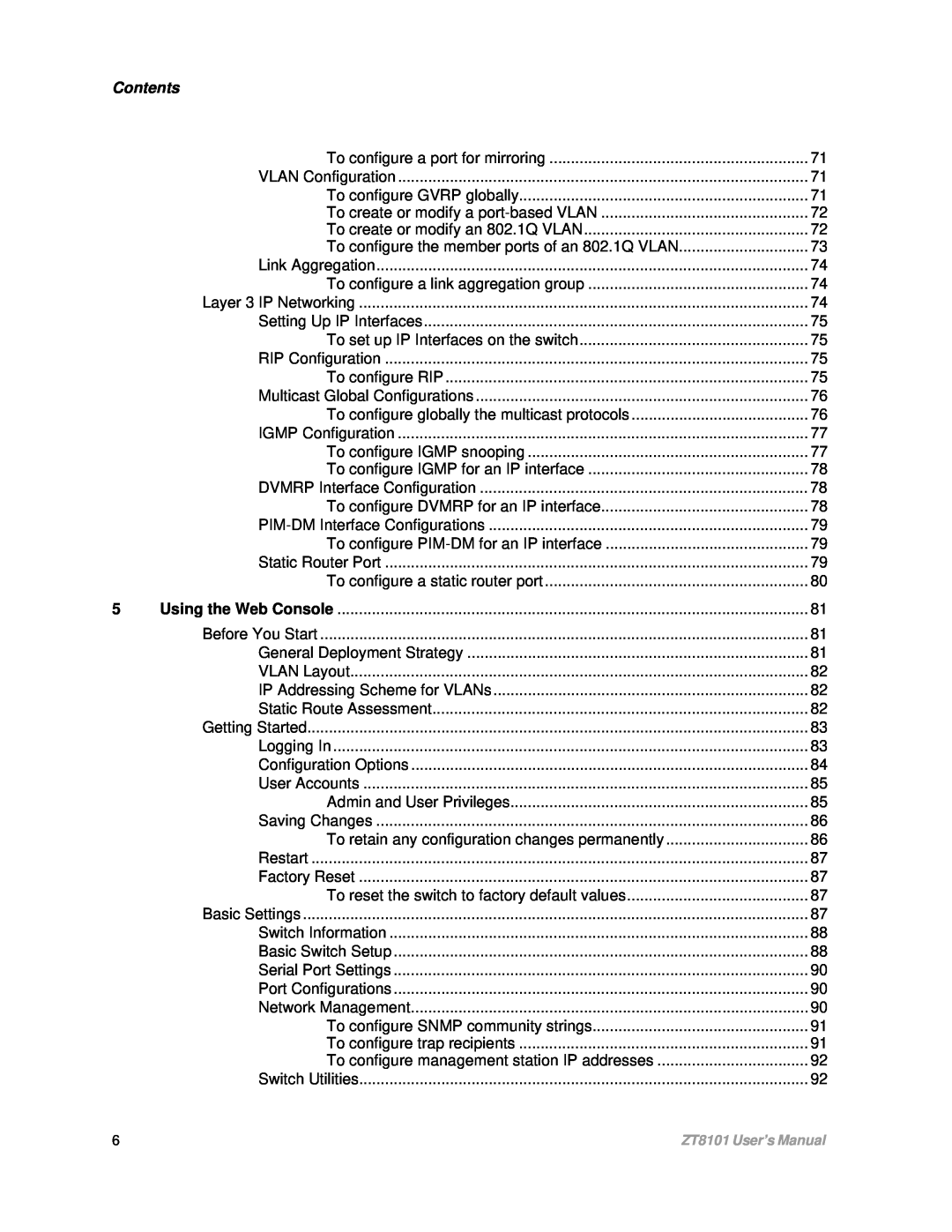 Intel ZT8101 user manual Contents, To configure a port for mirroring 