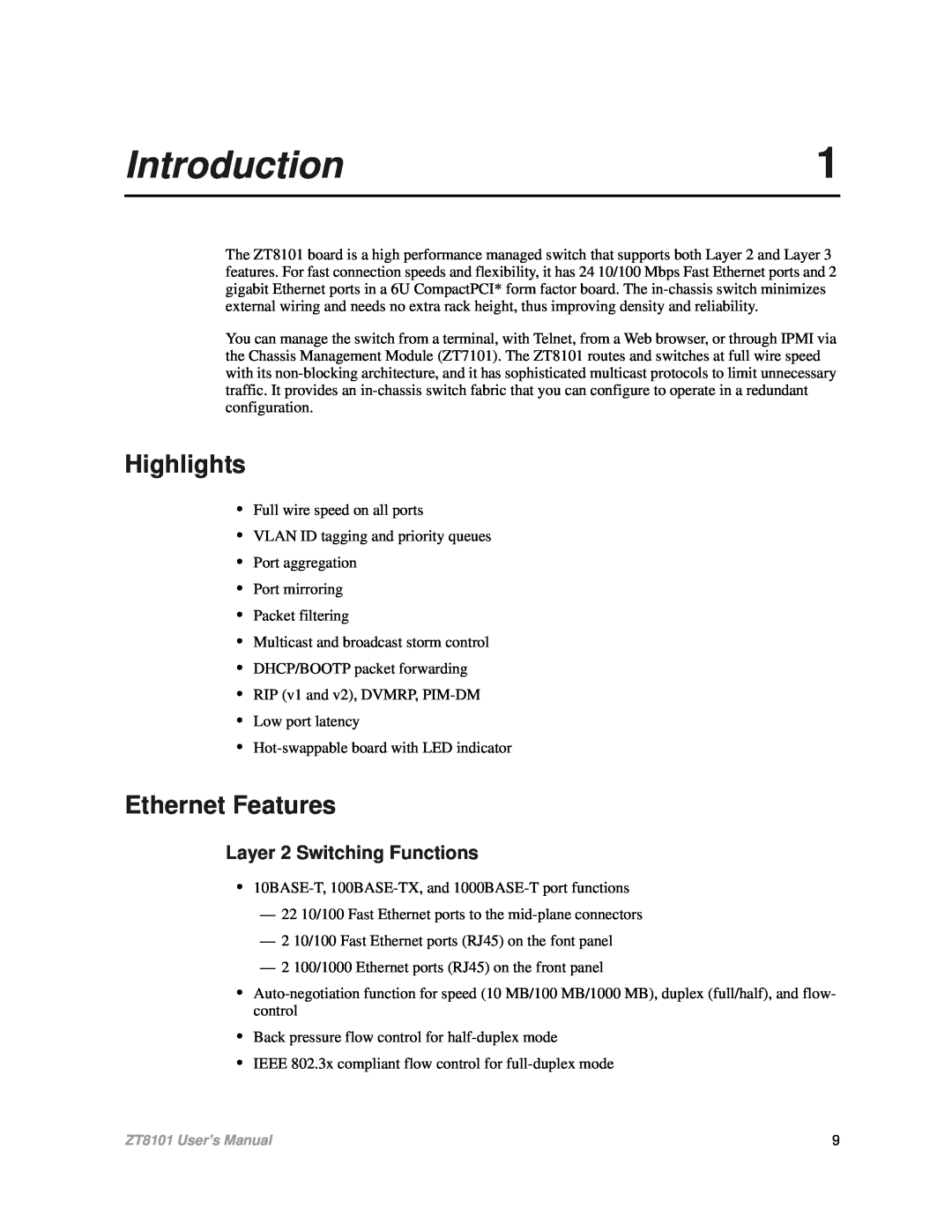 Intel ZT8101 user manual Introduction, Highlights, Ethernet Features, Layer 2 Switching Functions 