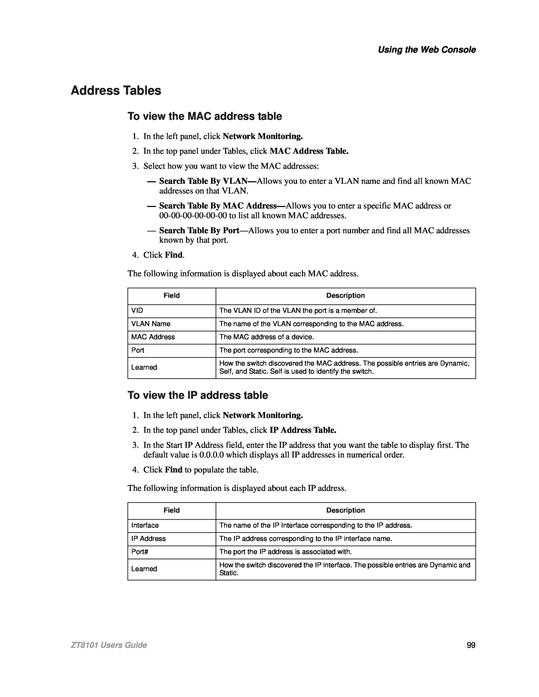 Intel ZT8101 user manual Address Tables, To view the MAC address table, To view the IP address table, Using the Web Console 