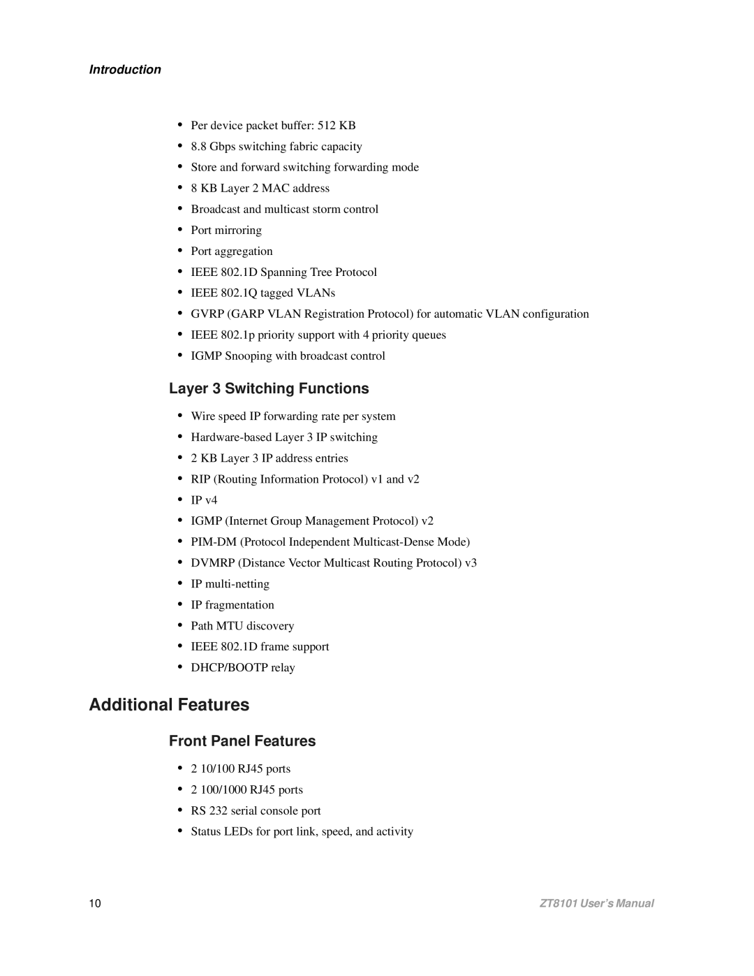 Intel ZT8101 user manual Additional Features, Layer 3 Switching Functions, Front Panel Features 