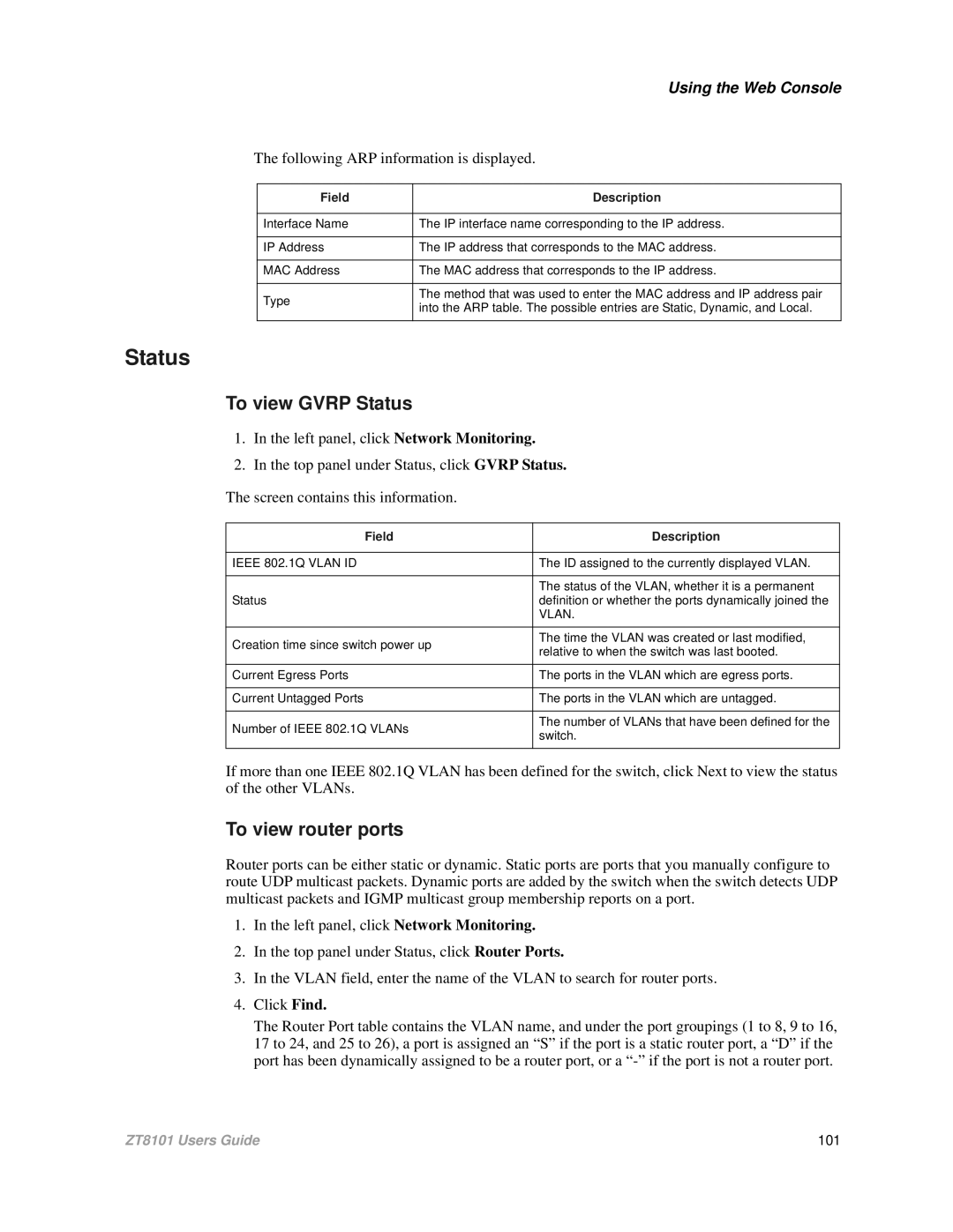 Intel ZT8101 user manual To view router ports, Following ARP information is displayed 