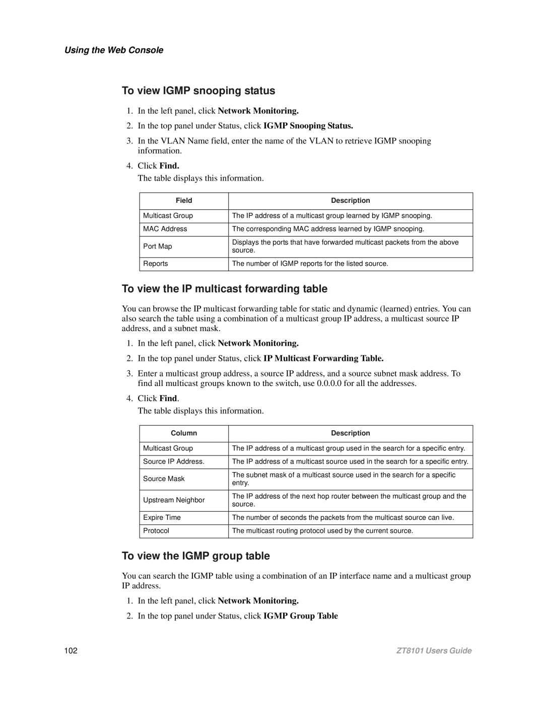 Intel ZT8101 user manual To view Igmp snooping status, To view the IP multicast forwarding table 