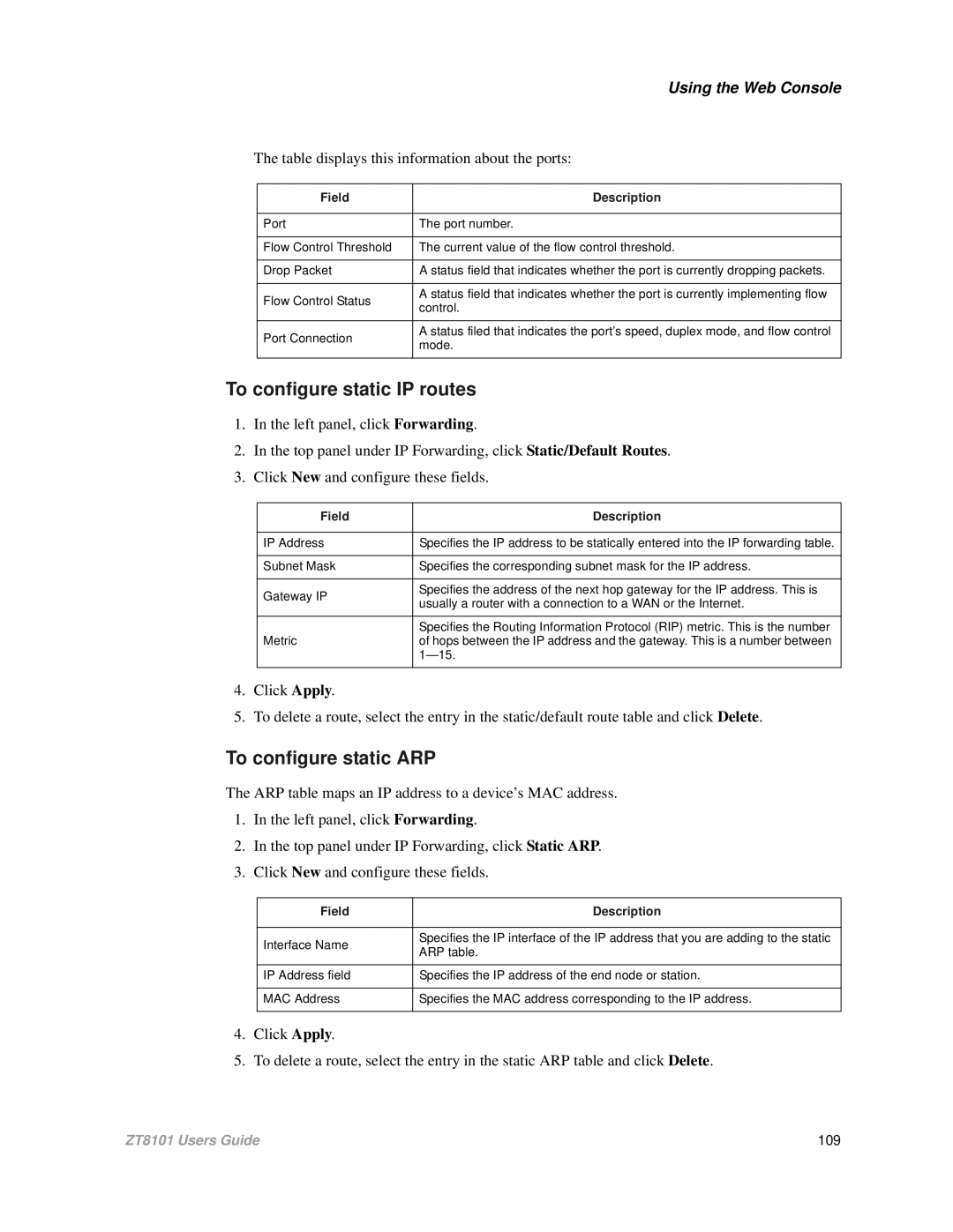 Intel ZT8101 user manual To configure static IP routes, Table displays this information about the ports 