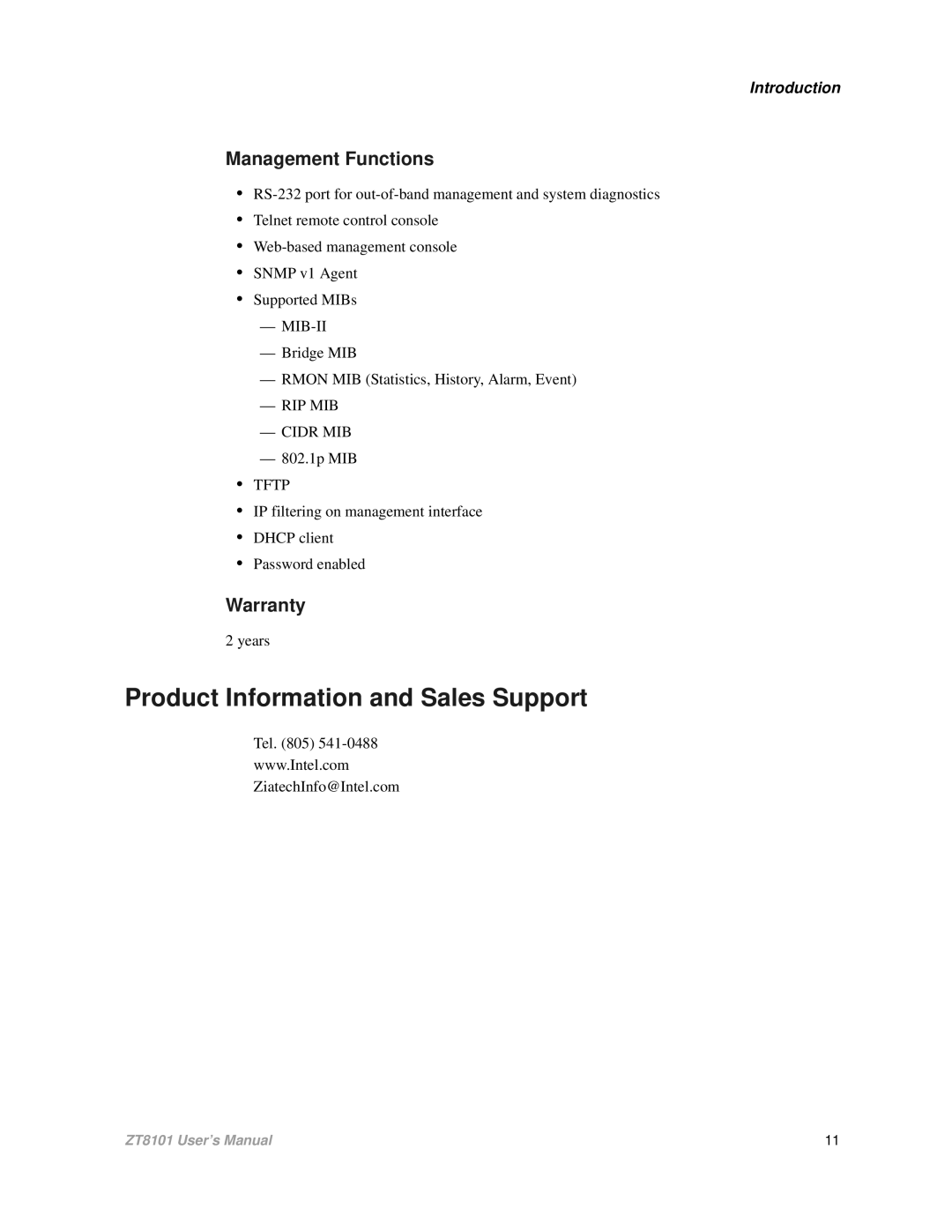 Intel ZT8101 user manual Product Information and Sales Support, Management Functions, Warranty 