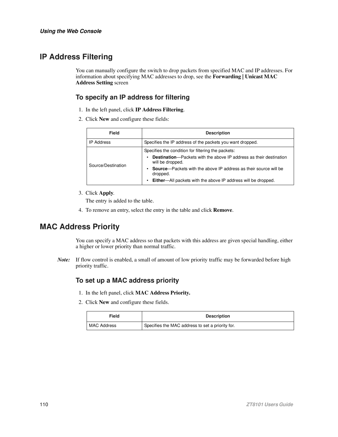 Intel ZT8101 user manual IP Address Filtering, To set up a MAC address priority 