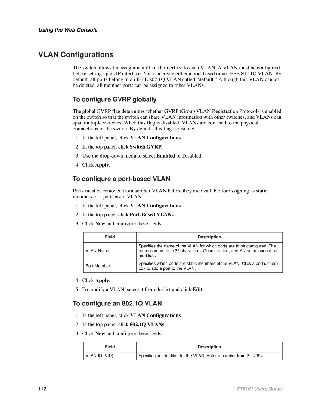 Intel ZT8101 user manual Vlan Configurations, To configure a port-based Vlan, To configure an 802.1Q Vlan 