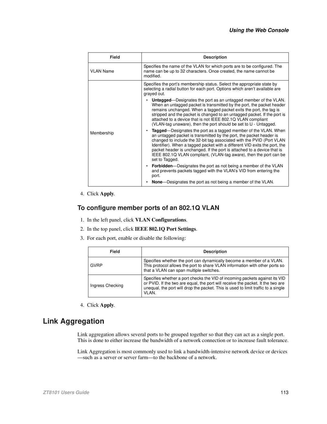 Intel ZT8101 user manual Link Aggregation, To configure member ports of an 802.1Q Vlan 