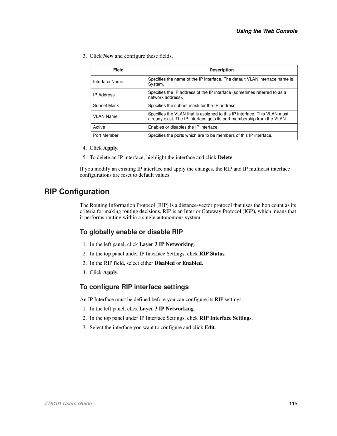 Intel ZT8101 user manual To globally enable or disable RIP, To configure RIP interface settings 