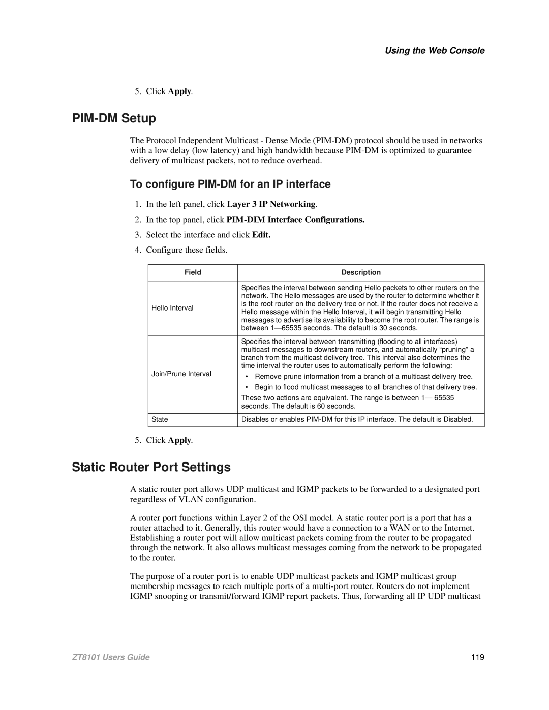 Intel ZT8101 user manual PIM-DM Setup, Static Router Port Settings 