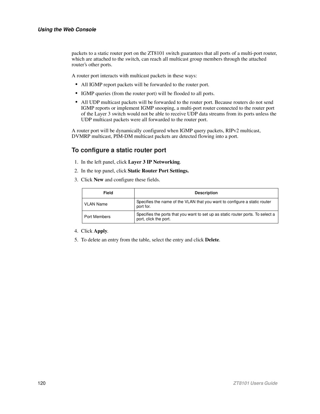 Intel ZT8101 user manual Top panel, click Static Router Port Settings 