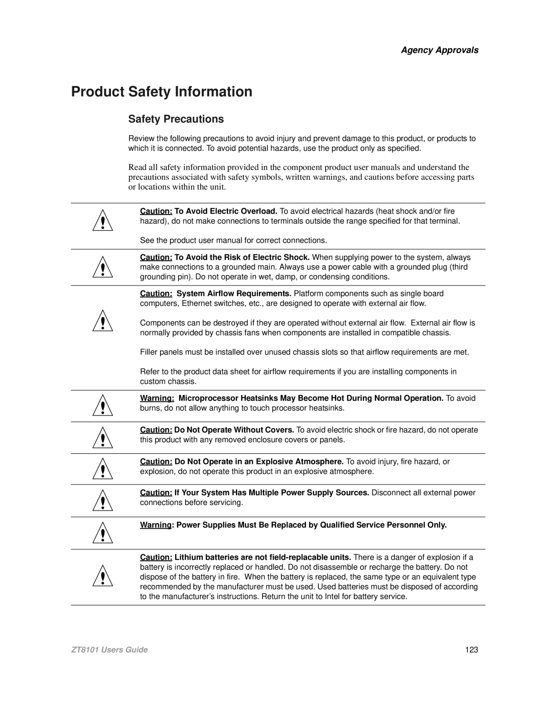 Intel ZT8101 user manual Product Safety Information, Safety Precautions 