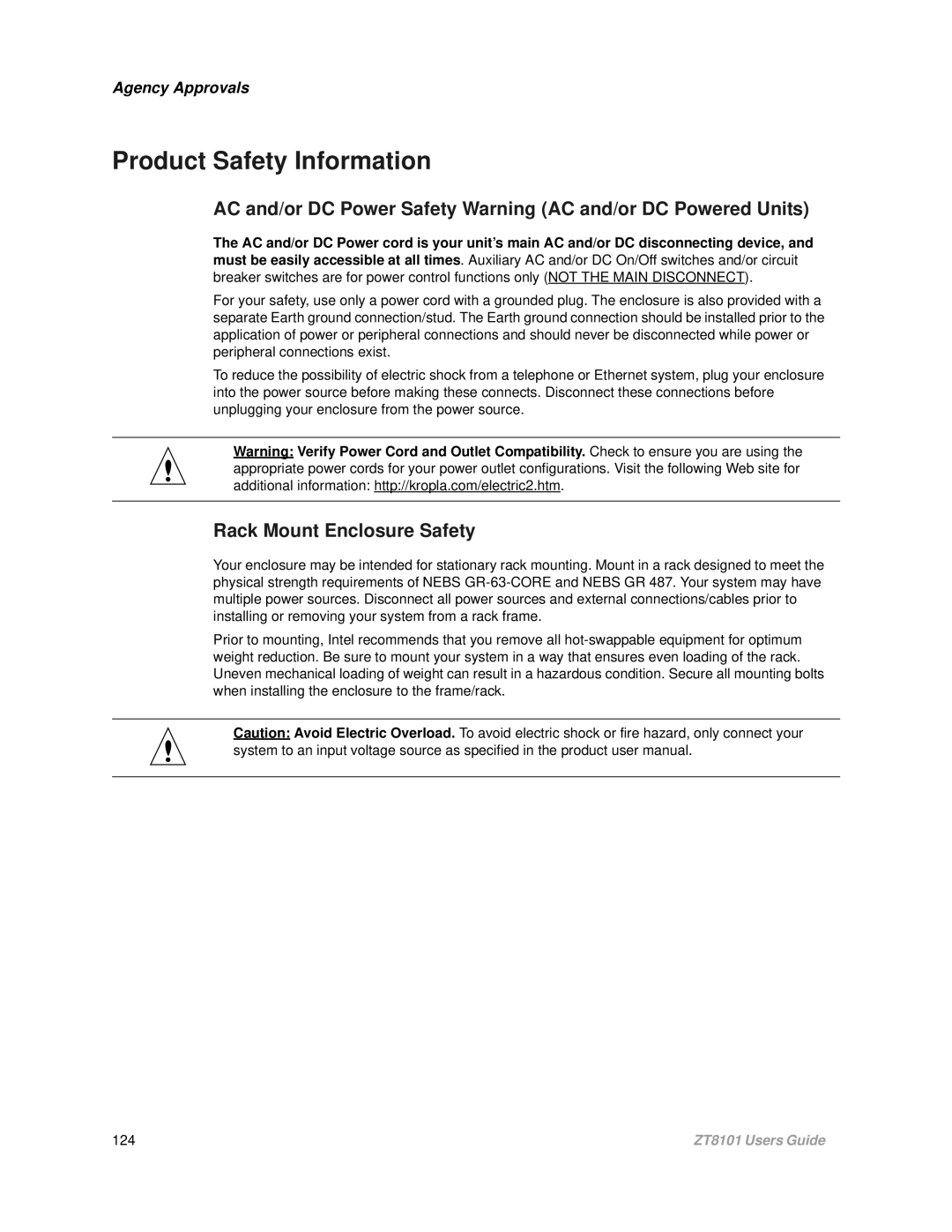 Intel ZT8101 user manual AC and/or DC Power Safety Warning AC and/or DC Powered Units, Rack Mount Enclosure Safety 